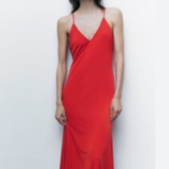 ZARA Red Satin Effect Low V Neck Midi Dress - Picture 1 of 6